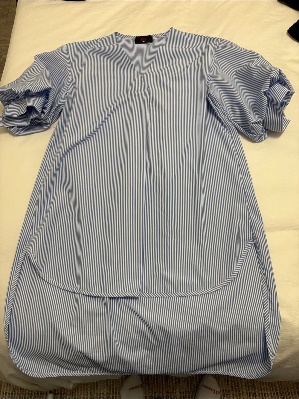 Blue Striped V-Neck Puff Sleeve Blouse